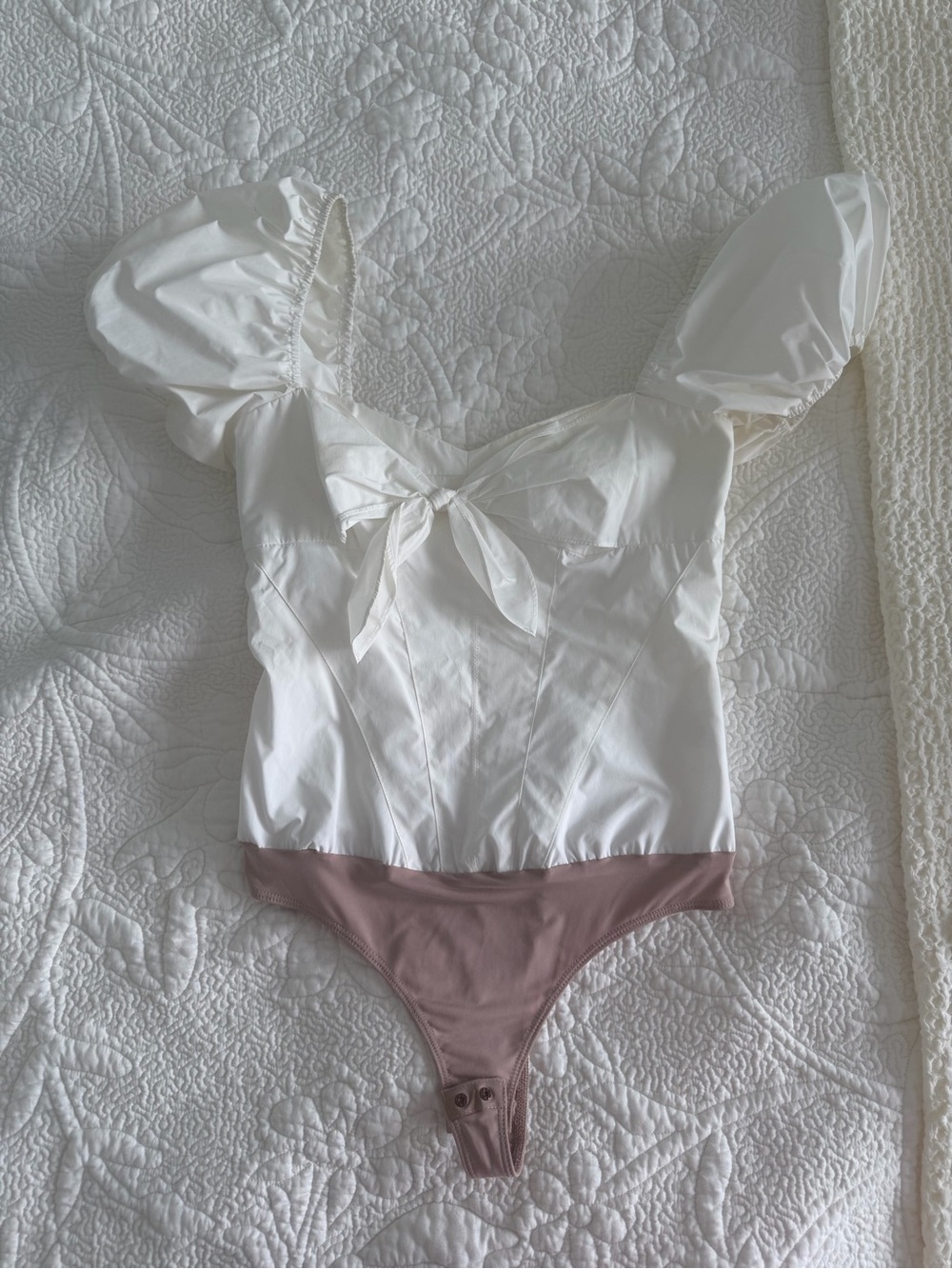 Amanda Uprichard Two-Tone Puff Sleeve Bodysuit in White